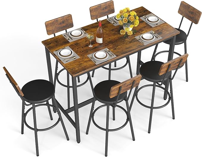 Rovibek Dining Table Set for 6, Bar Table and Chairs Set, Modern 6 Piece High Top Table and Chairs, Industrial Bar Height Pub Tables for Kitchen, Dining Room, Brown