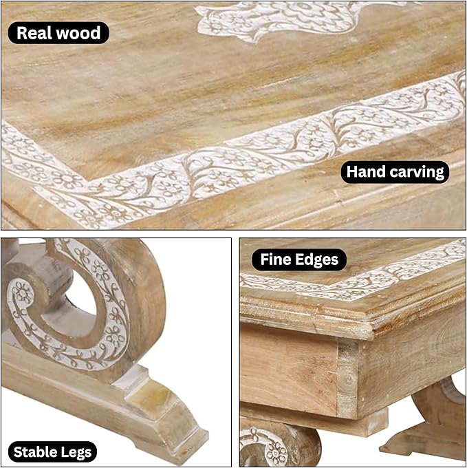 Lightnpro Mango Wood Rectangular Coffee Table - Living Room Center Table, Rustic Vintage Charm, Eco-Friendly Furniture, Reclaimed Wood - 40x18 Inch White Wash Finish