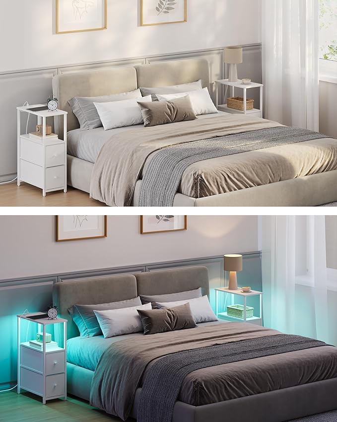 TUTOTAK Small Narrow LED End Table with Charging Station, Side Table Outlets, Nightstand with 2 Cloth Drawers, Set of 2, Couch Table, for Living Room, Bedroom, Bedside, White TB01BW056