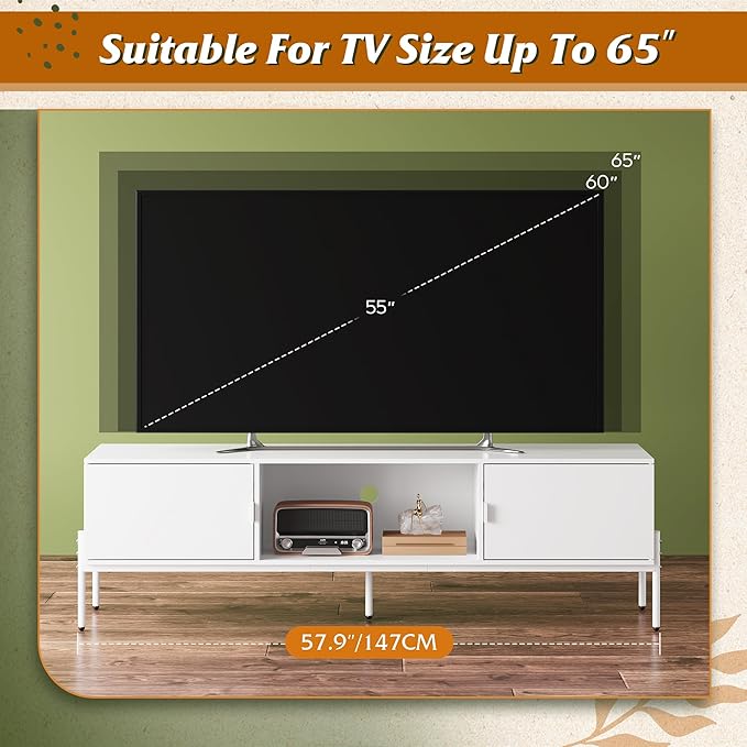 WLIVE Modern TV Stand for 65 Inch TV, Mid Century Entainment Center with Storage Cabinets, TV Console for Bedroom and Living Room, TV Cabinet with Metal Legs, White