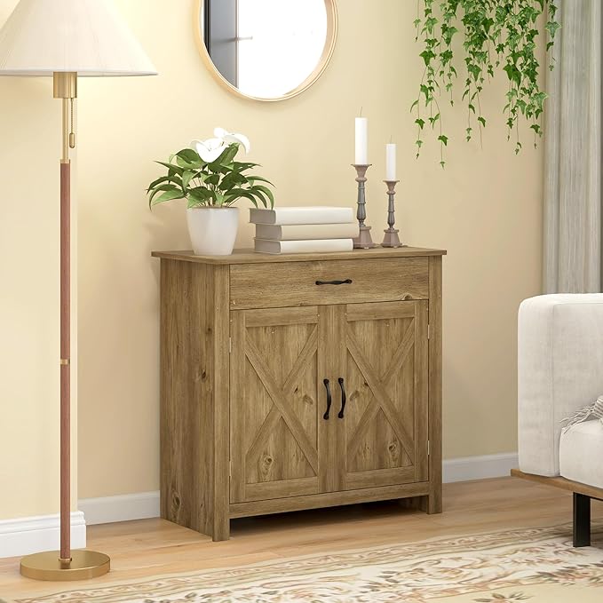 HOMCOM Farmhouse Sideboard Buffet Cabinet, Barn Door Coffee Bar Cabinet with Drawer and Adjustable Shelf, for Living Room, Entryway, Natural Wood