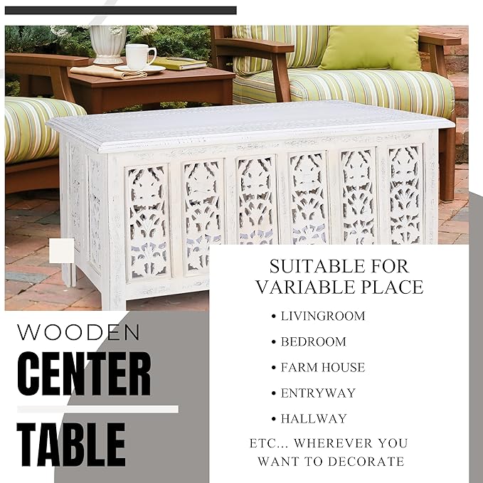 Rectangular Wooden Coffee Table, Modern Wooden Coffee Table, Center Tables, Entryway Table, Living Room Table for Magazines, Books, and Plants - 36x18 Inch White