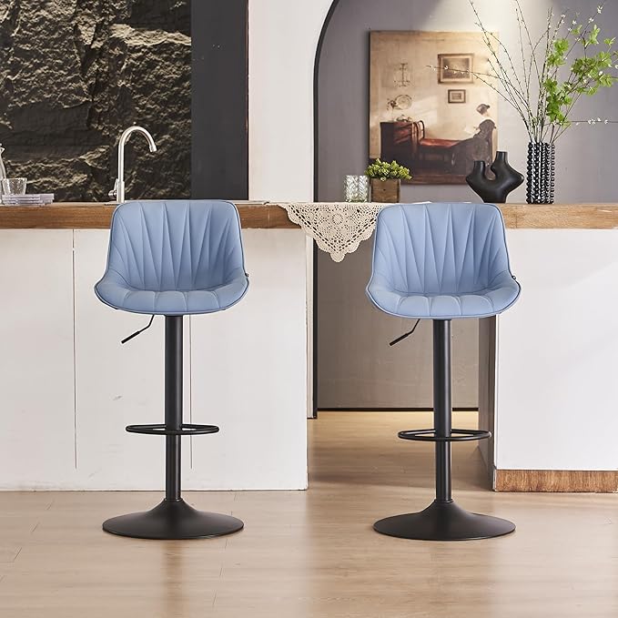 YOUNIKE Bar Stools Set of 2 for Kitchen Island, Blue Faux Leather Padded Counter Height Stools, Adjustable Swivel Barstools with Back, Modern Tall Stools with 300LBS Support