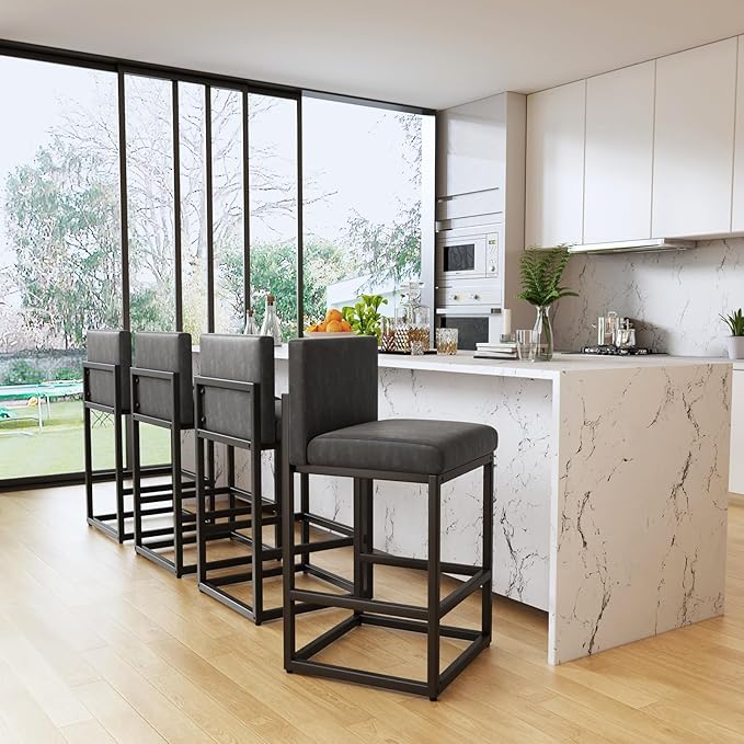 Barstools Set of 2 Grey Metal Bar Stools Modern Bar Chairs Pu Leather for Kitchen Island Counter Height Cafe Resturant Stools, 26 Inch