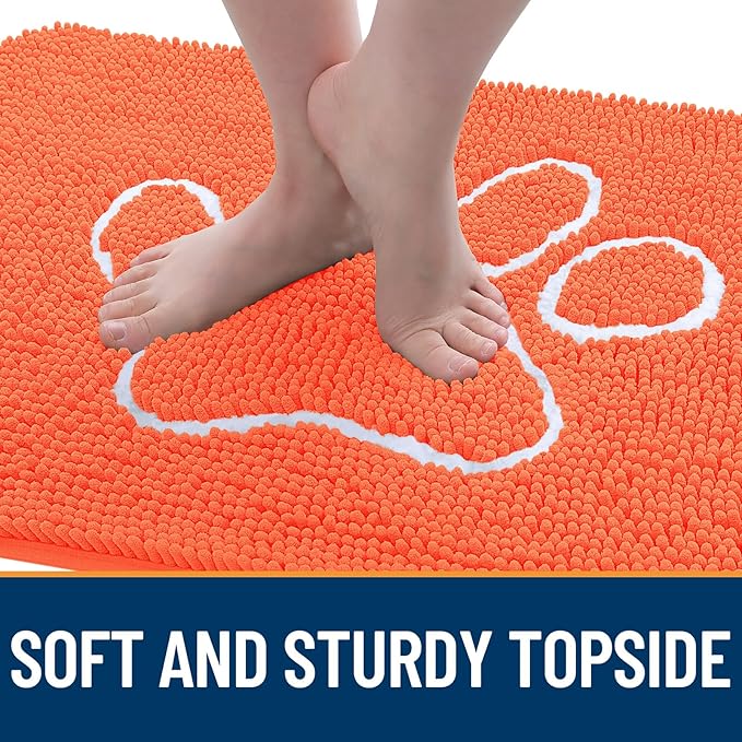 OLANLY Door Mat for Muddy Dog Paws 36x24, Ultra Absorbent Chenille Mud Doormat with Paw Print Design, Non-Slip Washable Doormat for Indoor Entryway, Quick-Dry Pet Bed Mats for Dirty Dogs, Coral