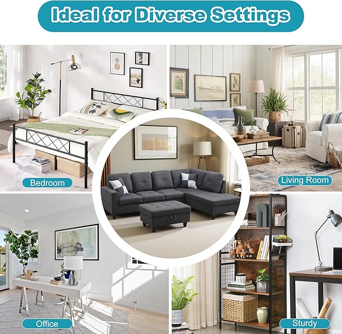 Couches for Living Room Modern L Shaped Couch Comfy Linen Fabric 3 Pieces Sectional Sofa with Chaise, Ottoman with Storage for Office and Small Apartment, Black Grey