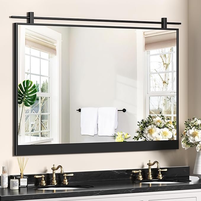 40x28 Inch Rectangle Bathroom Vanity Mirror for Wall Mounted Over Sink Farmhouse Rustic Matte Black Frame Barn Door Mirrors Foyer Entryway Decor