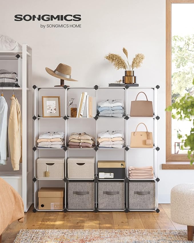 SONGMICS Cube Storage Organizer, Set of 16 Plastic Cubes, Book Shelf, Closet Organizers and Storage, Room Organization, Bedroom Living Room, 12.2 x 48.4 x 48.4 Inches, White ULPC44L