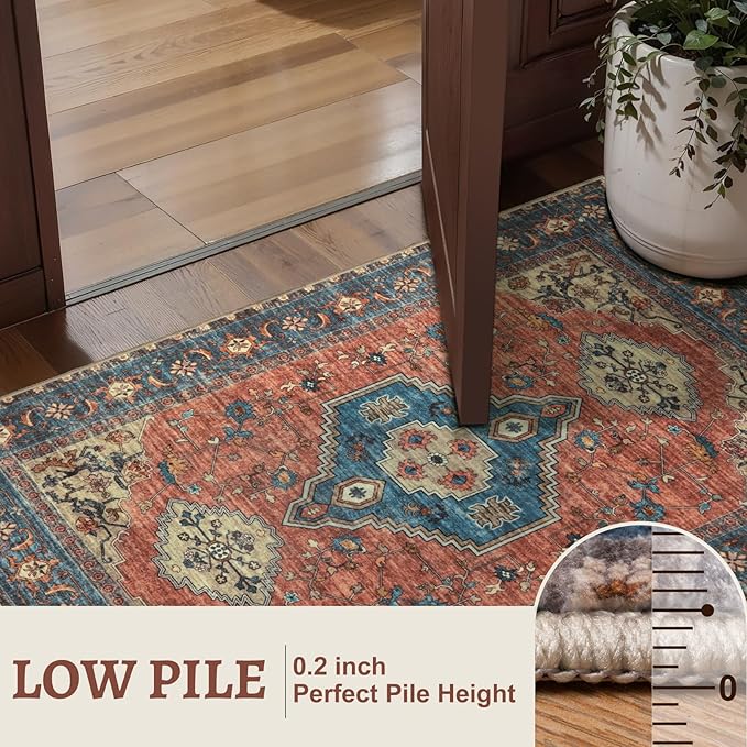 Tangsoo 5x7 Area Rug Washable Rug for Living Room, Vintage Indoor Non Slip Large Area Rugs, Print Distressed Rust Carpet, Soft Low Pile Foldable Floor Rug for Bedroom Dining Room Dorm Terracotta