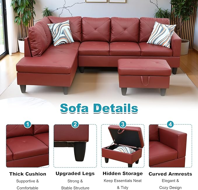 97" Oversized Sectional Couch, L Shaped Couch with Storage Ottoman, Modern Modular Sofa with Deep Seat, Sectional Couches for Living Room and Office, Red (Faux Leather)