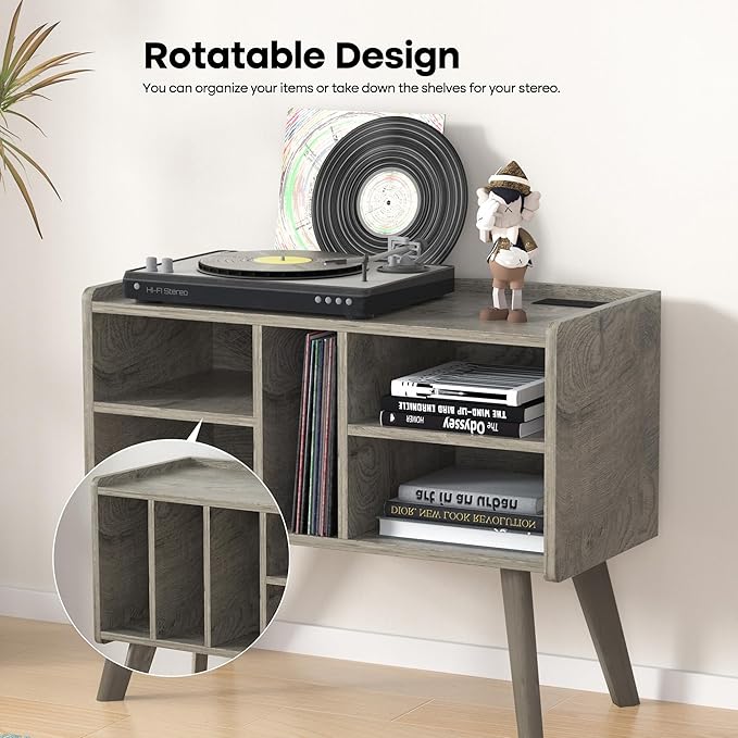 Forevich Record Player Stand Table with Vinyl Storage Holder Large Turntable Record Stand with Power Outlet Holds Up to 220 Albums Display Shelf Cabinet with Wood Legs for Living Room Oak