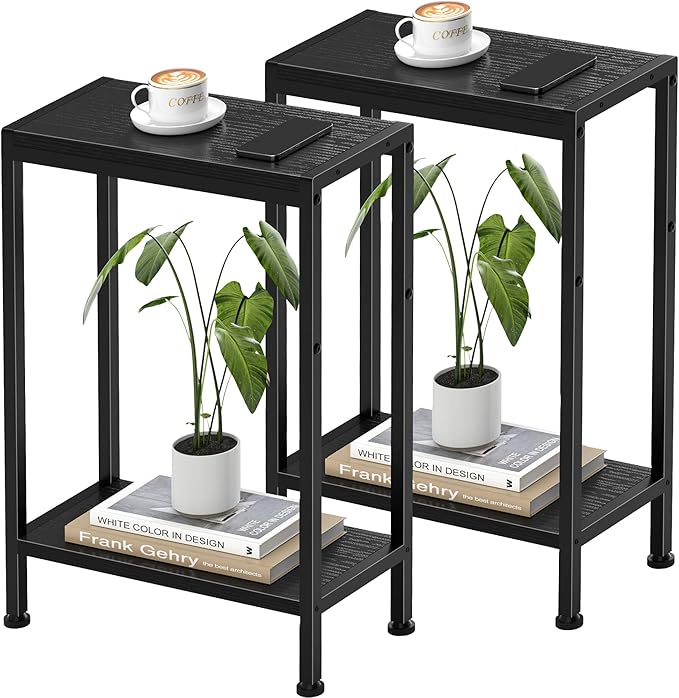Narrow Side Table for Small Space Set of 2,2-Tier Small End Table with Shelf Holder, Slim Nightstand, Skinny Snack Couch Table in Living Room, Bedroom, Study, Kitchen and Balcony（Black