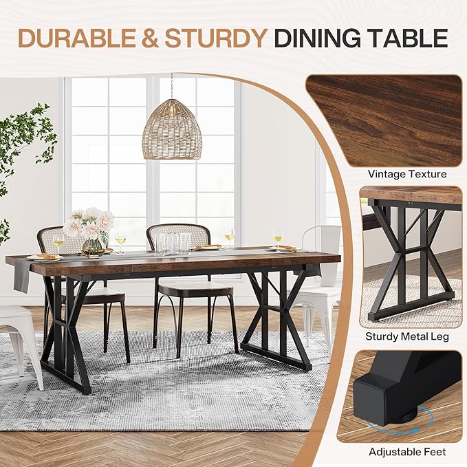 Tribesigns Farmhouse Dining Table for 6 People, 70.8-Inch Rectangular Wood Dining Table, Rustic Kitchen Table with Heavy Duty Metal Legs for Dining Room