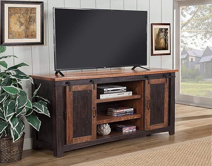 Martin Svensson Home Santa Fe Solid Wood TV Stand, 65", Antique Black and Aged Distressed Pine