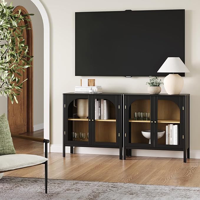 Nathan James Mason Storage Cabinet Accent Sideboard Buffet Credenza TV Stand with Glass Doors and Adjustable Shelf in Black Wood for Dining Room, Entryway and Living Room, Clear Glass/Black, Set of 2