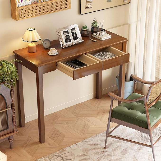 Solid Wood Desk with Drawers - 39 x 16 Inch Vintage Narrow Desks, Mid Century Modern Desks, Rubber Wood Study Table, Small Writing Desk for Bedroom|Small Spaces - Walnut Color