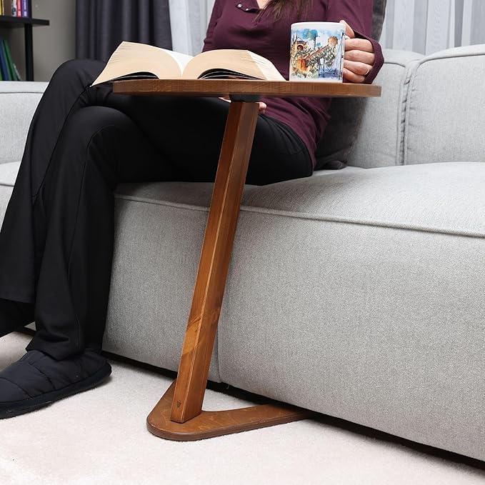 C-Shaped Handmade End Table, Side Table for Couches, Sofa Tables Slide Under Couch for Living Room, Over Couch TV Tray Table for Small Spaces (Large, Chestnut)
