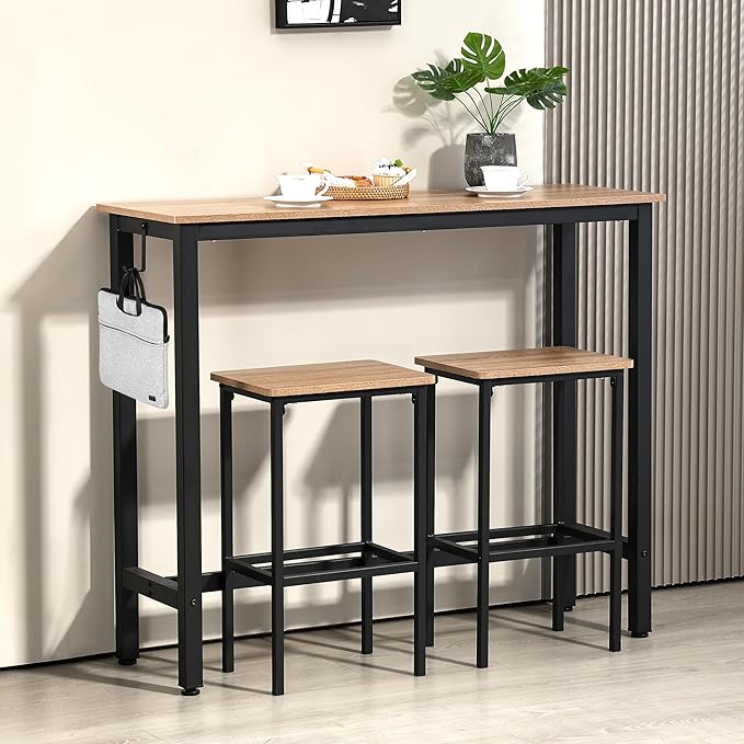 Finnhomy 47" Industrial Bar Table Set with 2 Stools - Counter Height Dining & Pub Table for Small Spaces, Kitchen, Apartment, Breakfast Nook - Metal & Wood, Space-Saving Furniture - Greige