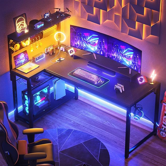 Homieasy Small Gaming Desk with Power Outlets Pegboard LED Light, 51 Inch L Shaped Computer Desk with Monitor Stand Storage Shelves, Reversible Corner Desk with Headset Hooks, Carbon Fiber Black