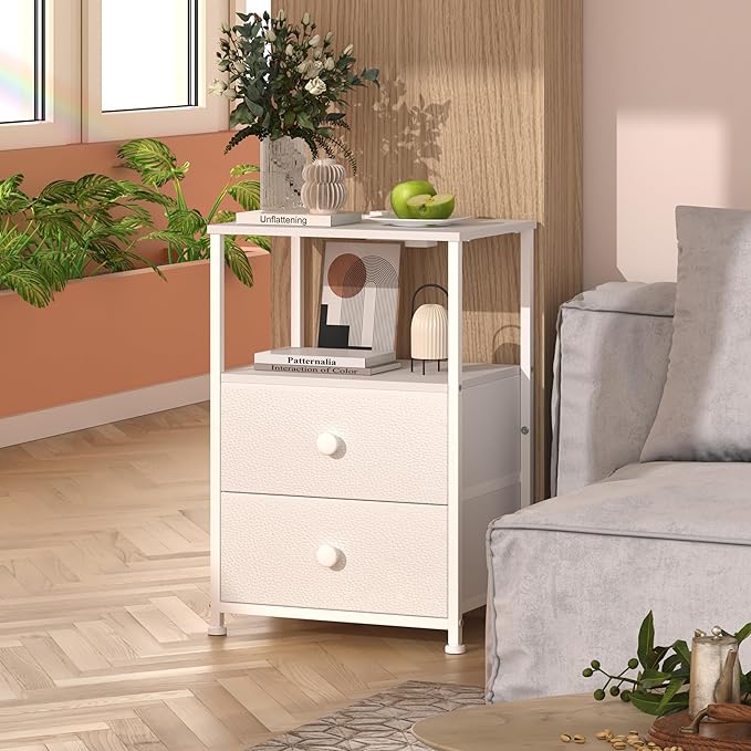 Tohomeor Nightstand with Charging Station LED Light End Table Bedroom Bed Side Dresser with Fabric Drawers Open Storage Shelf Living Room Sofa End Table with USB Ports and Outlet (White, 2 Packs)