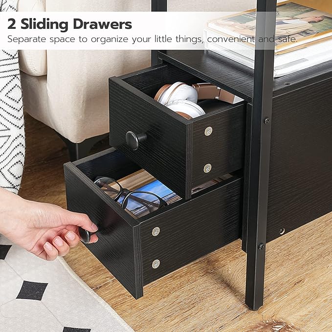 HOOBRO End Table with Charging Station, Narrow Side Table with 2 Drawer & USB Ports & Power Outlets, Nightstand for Small Spaces, Stable and Sturdy, for Living Room, Bedroom, Black BK541BZ01
