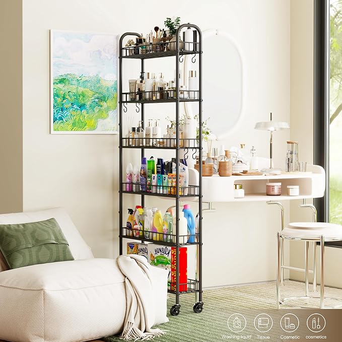 6-Tier Slim Storage Cart, Rolling Kitchen Cart with Wheels, Narrow Metal Shelf Organizer with Hooks for Kitchen, Bathroom, Living Room, Laundry, Small Spaces (Black, 6 in)