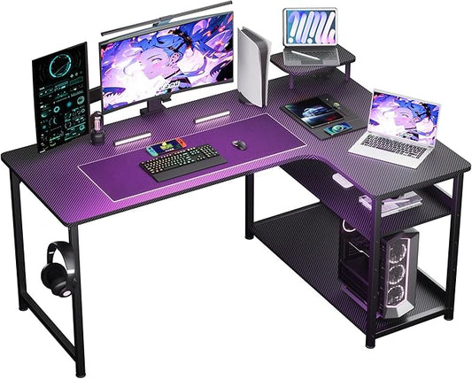 GTPLAYER L Shaped Gaming Desk, Carbon Fiber Style Computer Desk with Monitor Shelf and Hook, Black Small L Shape Desk with Adjustable Open Storage Shelf, Corner PC Table for Small Space Home Office