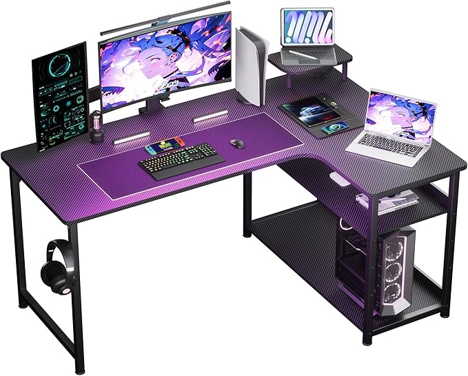 GTPLAYER L Shaped Gaming Desk, Carbon Fiber Style Computer Desk with Monitor Shelf and Hook, Black Small L Shape Desk with Adjustable Open Storage Shelf, Corner PC Table for Small Space Home Office