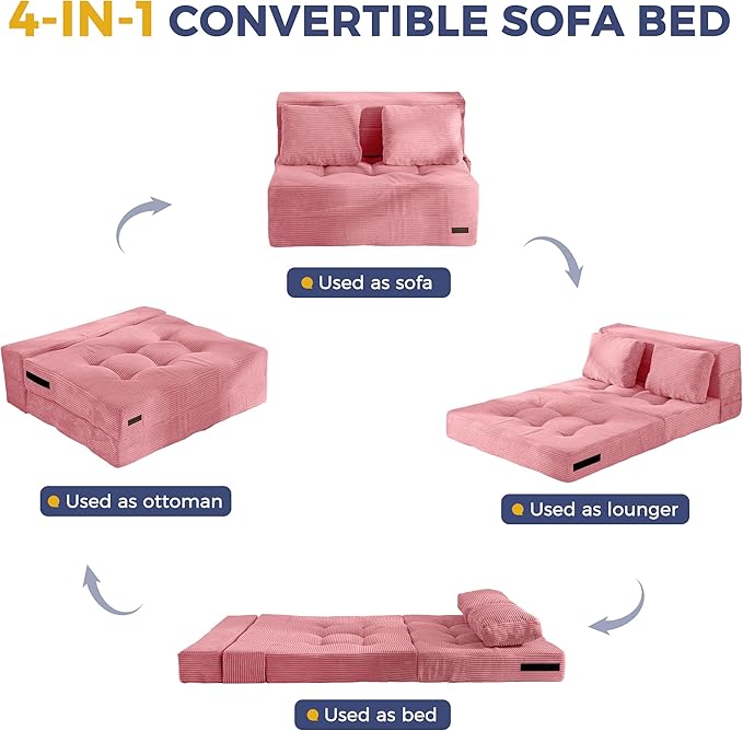 MAXYOYO Convertible Sofa Bed, Fold Out Sleeper Sofa with Pillow, 4 in 1 Tufted Folding Couch Bed Foam Floor Couch, Lazy Chair for Living Room Bedroom Guest Room, Pink