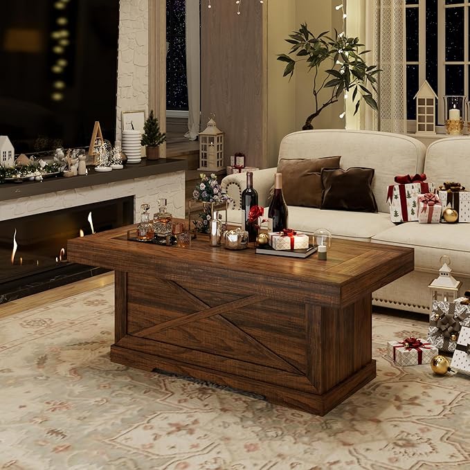 Coffee Table 39 in Rustic Center Table with X-Design Wooden Pedestal for Living Room, Space Saving, Easy Assembly Rectangle Home Office Tea Accent Table for Dining Room Apartment, Walnut