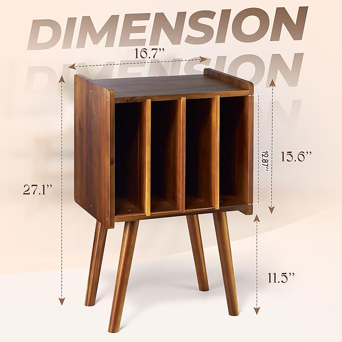Wooden LP Record Player Stand with 4 Cabinets, Holds up to 100 Vinyls, Metal Record Storage Holder and Organizer Table, Classical Design for Files/Book (Mid-Century Modern)