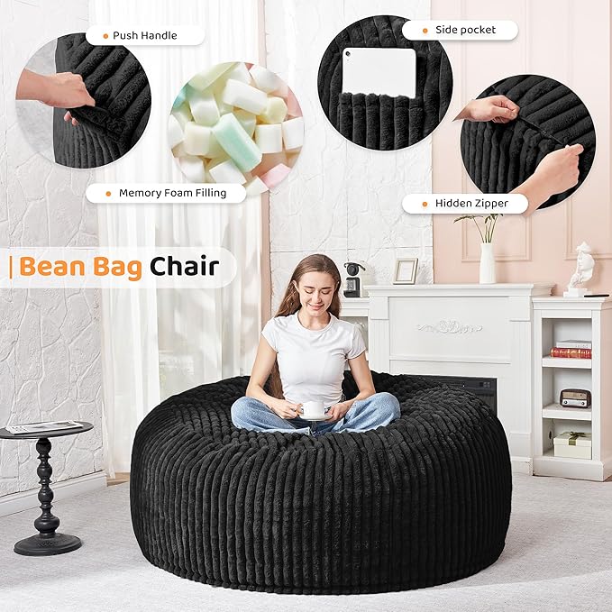 HABUTWAY 3FT Bean Bag Chair, 3' Large Bean Bag Chairs for Adults with Removable Stripe Plush Cover, Memory Foam Beanbag Chair for Living Room Bedroom Dorm (Black)