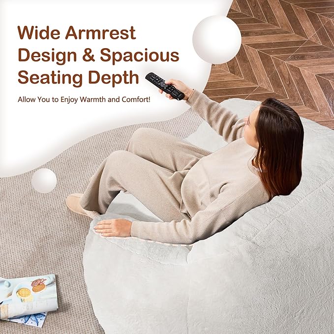 Giant Bean Bag Chair for Adults, Large Memory Foam BeanBag Chairs, Oversized Bean Bag Sofa with Filler, Faux Fur Big Reading Chair Comfy Floor Sofa Chair (Beige)