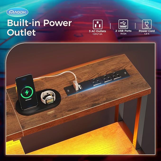 AODK Computer Desk, 48 Inch Gaming Desk with Led Lights & Power Outlet, Office Desk with Storage Shelves, Reversible Desk with Monitor Shelf & Headphone Hook, Rustic Brown