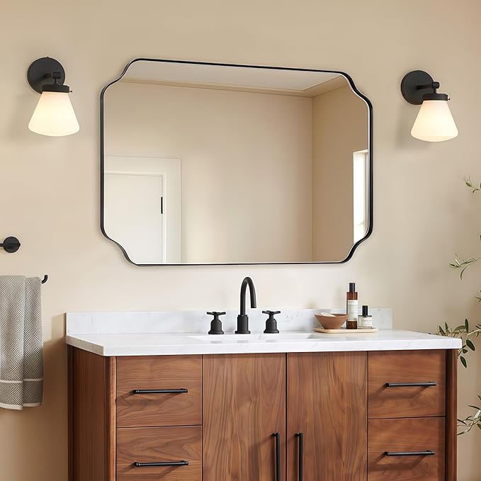 30"x40" Large Bathroom Mirror, Matte Black Scalloped Mirror for Bathroom, Black Irregular Wall Mirror, Unique Shape Design with Superior Stainless Steel Frame, Weigh 30.5Lb