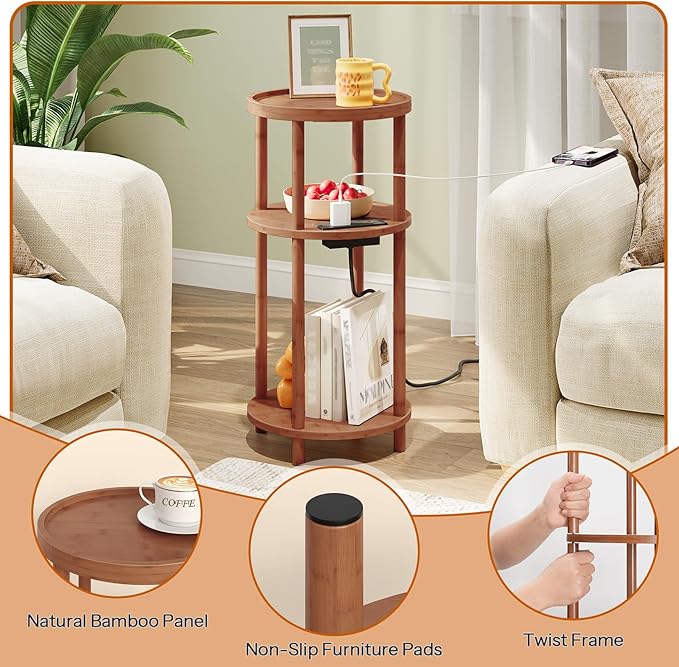 HOOBRO Small Round Side Table with Charging Station, 3-Tier Round Bamboo End Table, Compact Sofa Bedside Table for Small Space, Easy Assembly, for Living Room, Bedroom, Apartment, Walnut WL152UBZ01