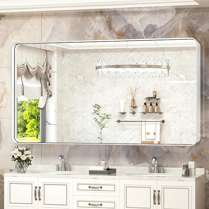 TokeShimi 60 x 28 Inch Wall Mirror for Bathroom Brushed Silver Metal Frame Decorative Rectangular Wall Mounted Home Decor Corner Hangs Farmhouse Mirror (Horizontal/Vertical)