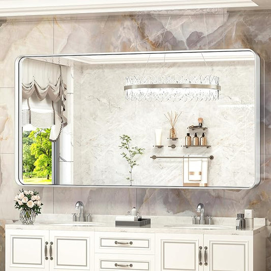 TokeShimi 60 x 28 Inch Wall Mirror for Bathroom Brushed Silver Metal Frame Decorative Rectangular Wall Mounted Home Decor Corner Hangs Farmhouse Mirror (Horizontal/Vertical)