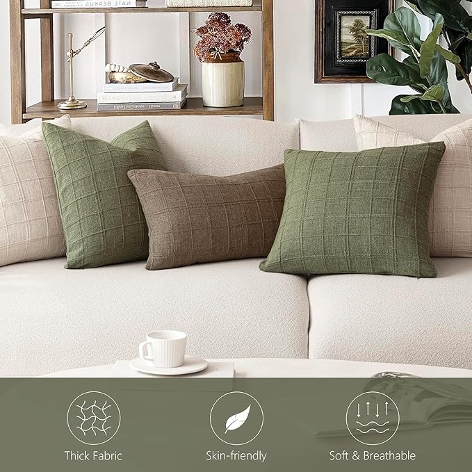 Foindtower Set of 2 Decorative Linen Check Throw Pillow Covers Neutral Farmhouse Vintage Cushion Covers Modern Boho Home Decor for Sofa Chair Couch Bedroom Living Room Outdoor,26×26 Inch,Sage Green