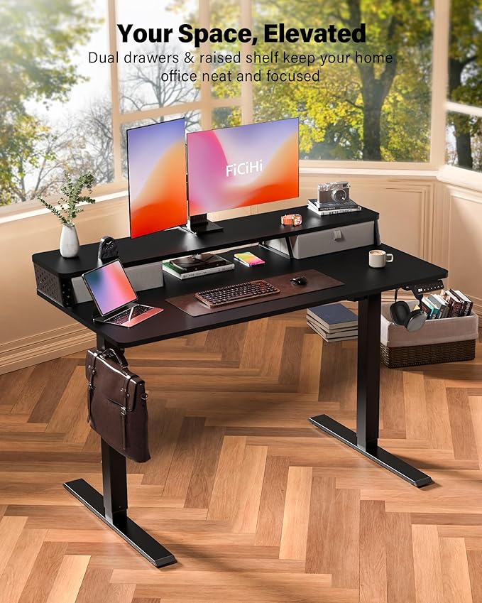 48x24 Inch Standing Desk with Double Drawers, C-Clamp Mount Compatible, Electric Adjustable Height Computer Stand Up Desks, Home Office Sit Stand Table with 3 Preset Heights & 2 Hooks, Black