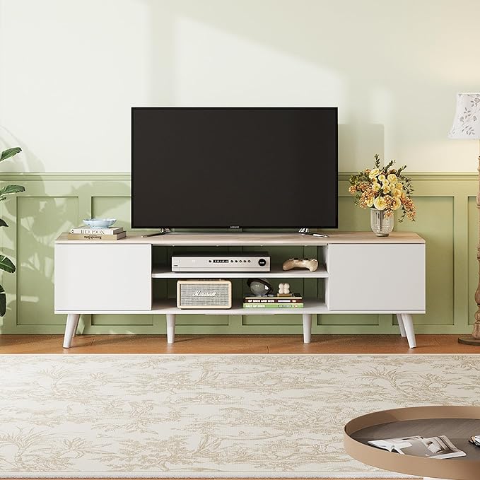 WLIVE TV Stand for 65 70 inch TV, Boho Entertainment Center with Storage Cabinets, TV Console for Living Room Decor, Greige White