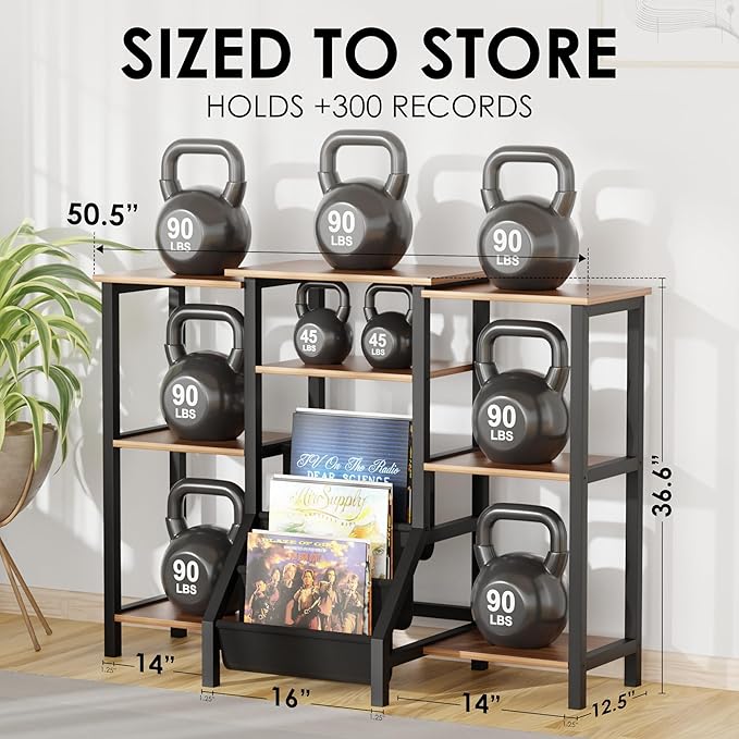 REVOLV Tall Record Player Stand with Vinyl Storage - Vinyl Record Stand with 3 Tier Shelf, Front Pouches - Versatile Music Table Cabinet for Books, Rustic Console Turntable Furniture for 300+ Records