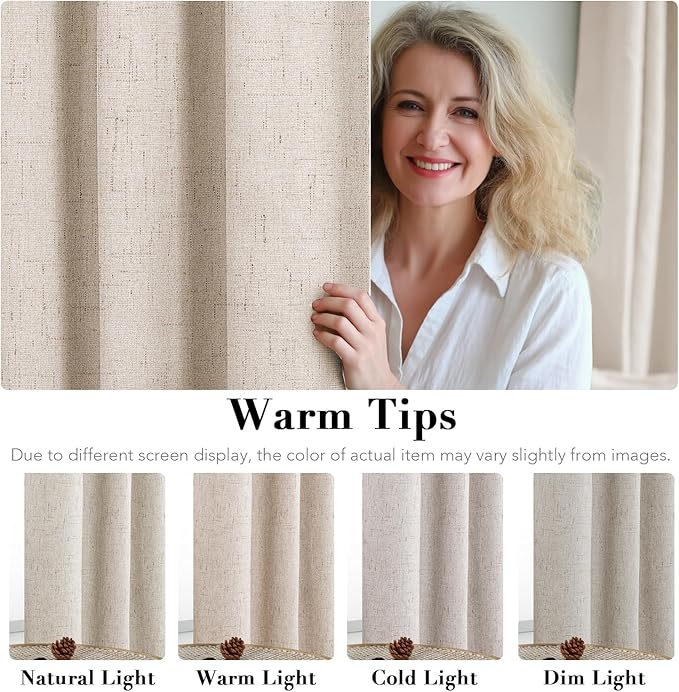 H.VERSAILTEX Linen Blackout Curtains 63 Inches Long, Full Blackout Thermal Insulated Textured Linen Look Curtain Draperies Anti-Rust Grommet with White Liner, 2 Panels, Natural