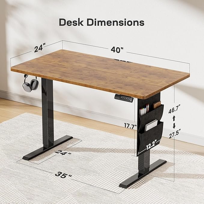 HUANUO Electric Standing Desk, 40 x 24 Inch Height Adjustable Computer Desk with Storage Bag, 4 Height Memory Settings, Sit Stand Up Desk for Home Office, Rustic Brown