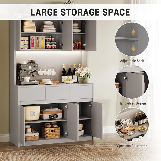 Garvee Kitchen Pantry Storage Cabinet, Tall Storage Cabinet with Doors and Shelves, Kitchen Storage Hutch with Microwave Stand, Led Lights and Charging Station,Corner Pantry Cabinet,Grey