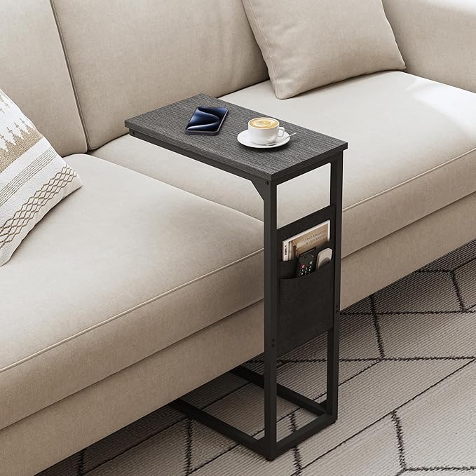 TUTOTAK C Shaped End Table, Side Table for Couch, Sofa Table with Storage Bag, TV Tray for Living Room, Bedroom, Black TB01BK082