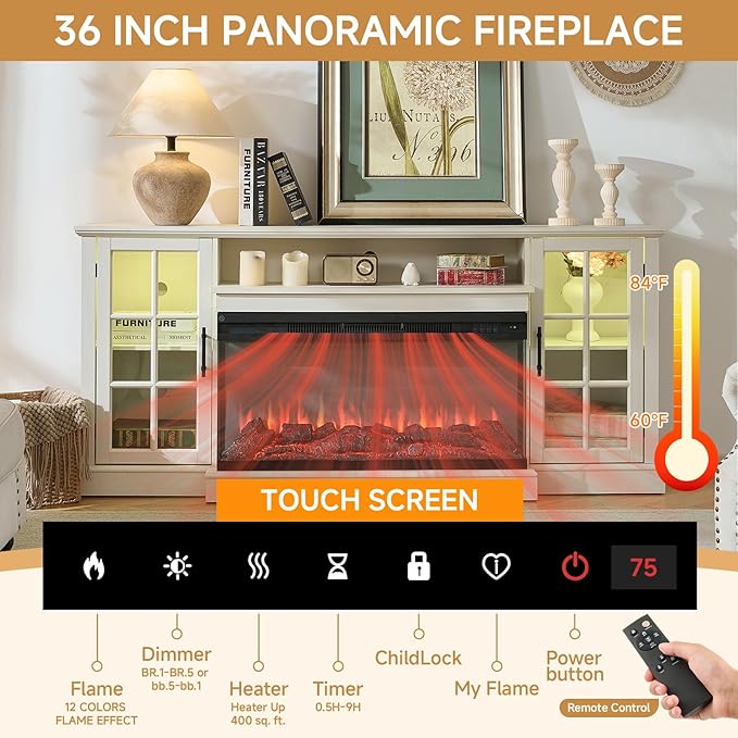 ROCKPOINT 3 Sided Glass 70" Fireplace TV Stand for TVs up to 80", Media Entertainment Center with Glass Door Storage Cabinet for Living Room,36" Electric Fireplace & Adjustable LED Light,White