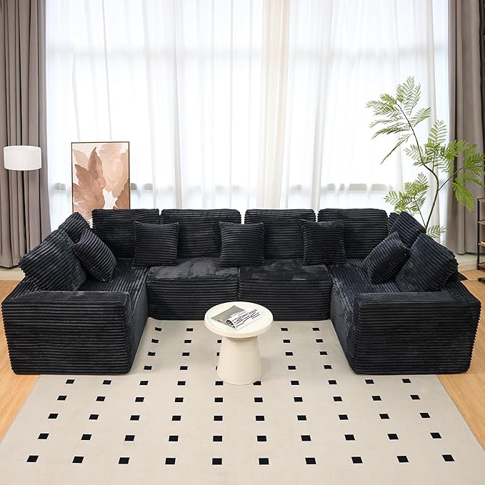 KEIKI 135" U Shape Sectional Sofa,6-Seater Modular Couch with Striped Corduroy Fabric for Living Room,Reversible Design