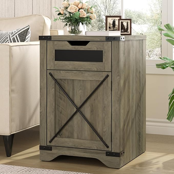 Farmhouse End Table with Charging Station, 26.4" Tall Rustic Nightstand with Drawer and X Barn Door, Country Bedside Sofa Side Table for Living Room, Grey