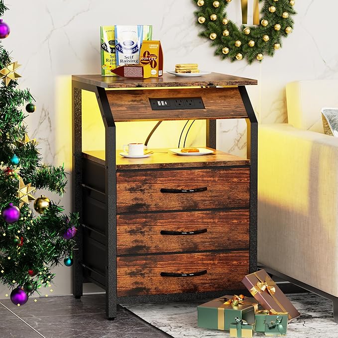 End Tables Set of 2, Nightstands with Charging Station and LED Lights, 3 Drawers Fabric Dresser, Storage Side Tables for Bedside, Living Room, Rustic Brown